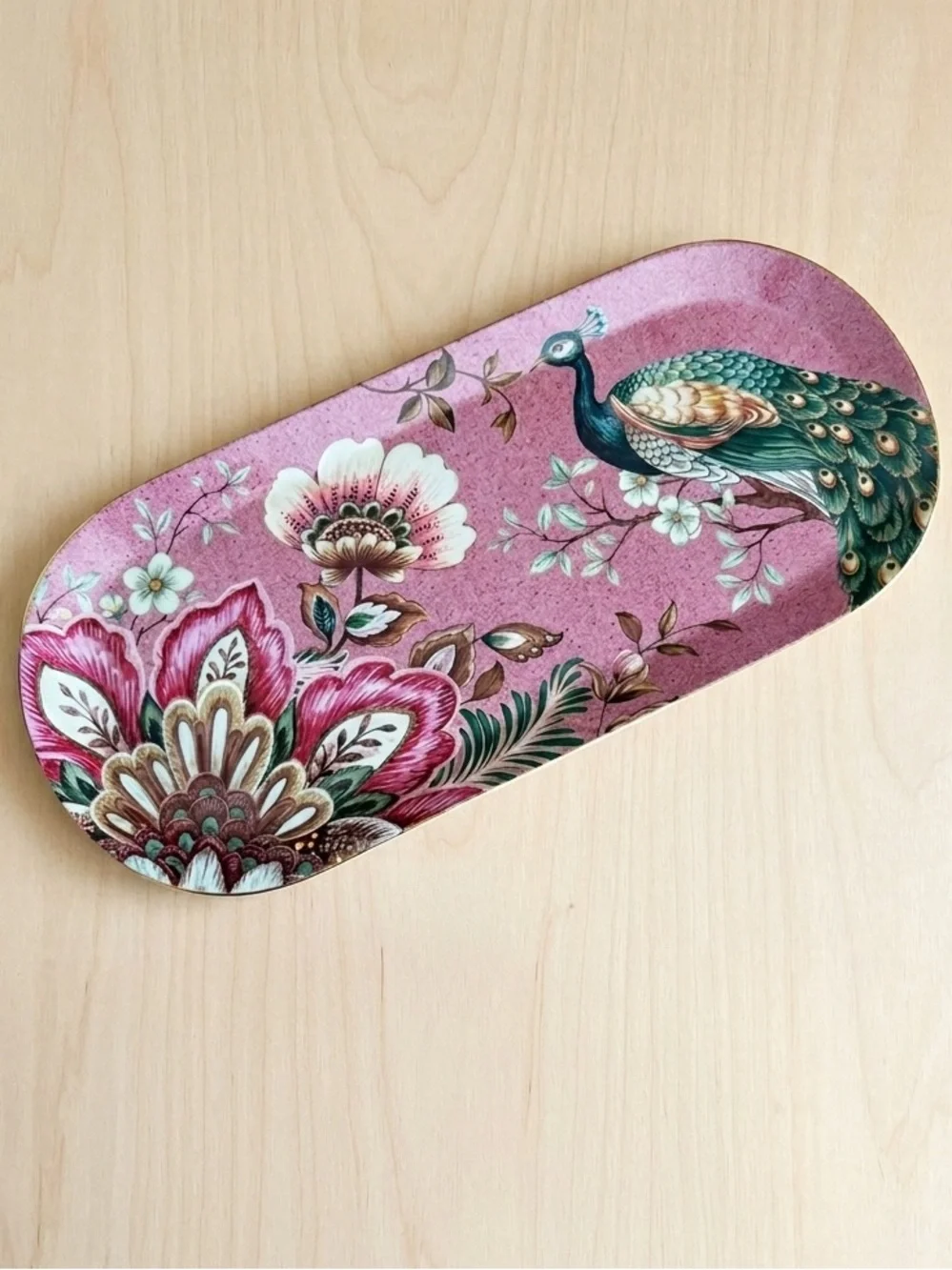 Grace TeaWare Speckled Pink Peacock Lotus Garden Porcelain Serving Tray 13”